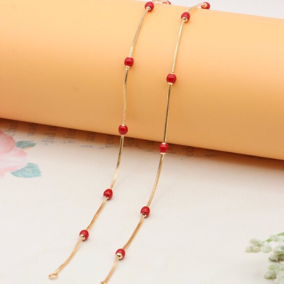 "Delicate Yellow Gold Plated Necklace with Red Beads, XPNL0302 - Picture 8 of 12